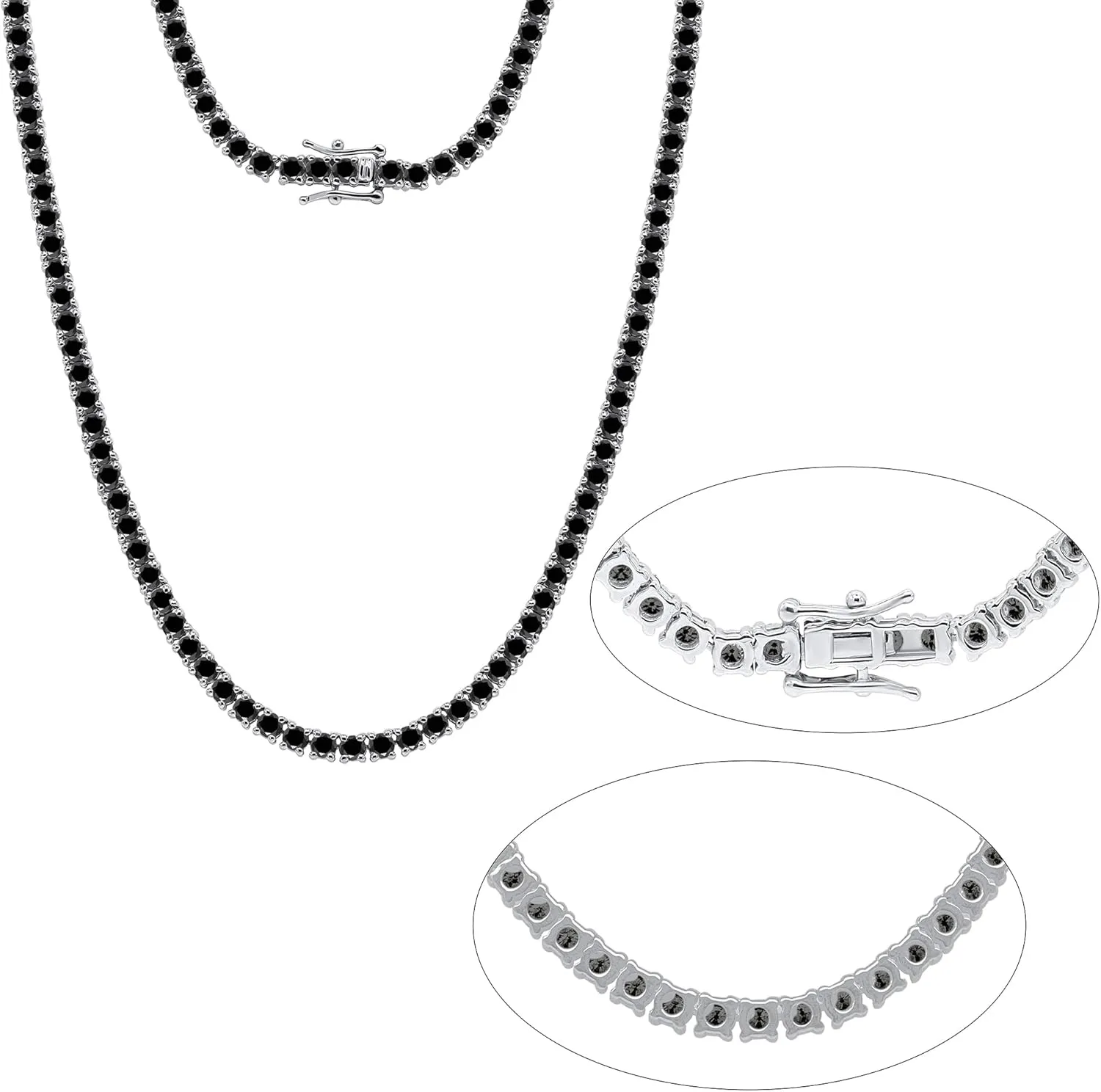 3MM-4MM Black Onyx Tennis Necklace in 14K White Plated 925 Sterling Silver For Women & Men Jewelry (VVS1-VVS2 Clarity, Black Color)