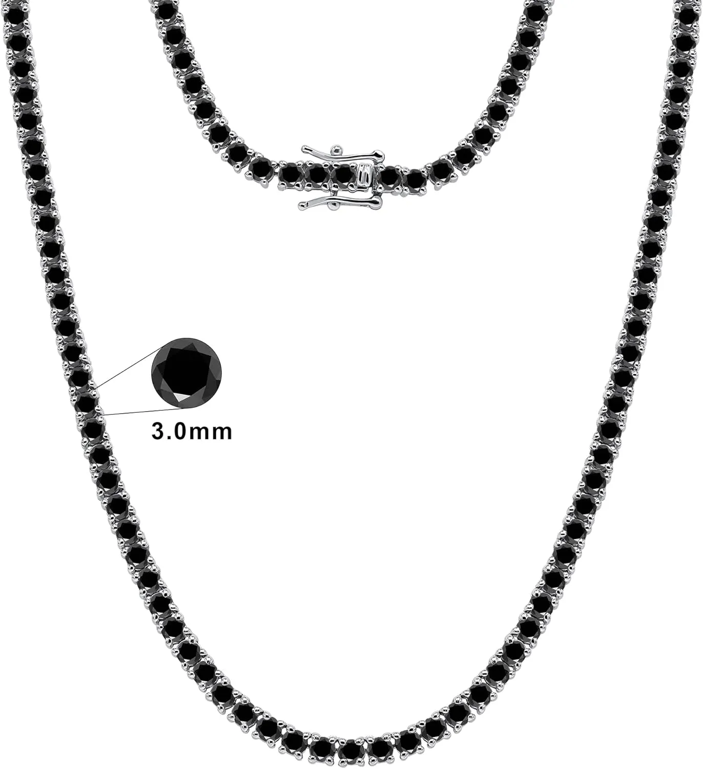 3MM-4MM Black Onyx Tennis Necklace in 14K White Plated 925 Sterling Silver For Women & Men Jewelry (VVS1-VVS2 Clarity, Black Color)