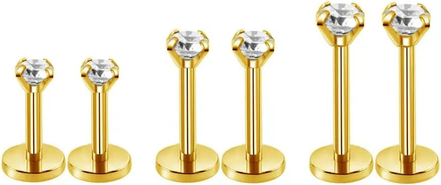 3Pairs 18g Round CZ Labret Cartilage Tragus Monroe Lip Nose Helix Studs Earrings for Women Men Stainless Steel Cubic Zirconia Huggie Tiny Small Mini Stud Fashion Piercing Jewelry Gifts