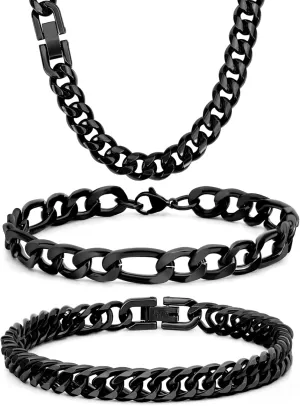 3PCS Cuban Link Figaro Bracelet Necklace, Silver Gold Black Sturdy 316L Stainless Steel Cuban Link Figaro Chain for Men Jewelry Set with Gift Message Card 8mm, 7/8/9 Inches
