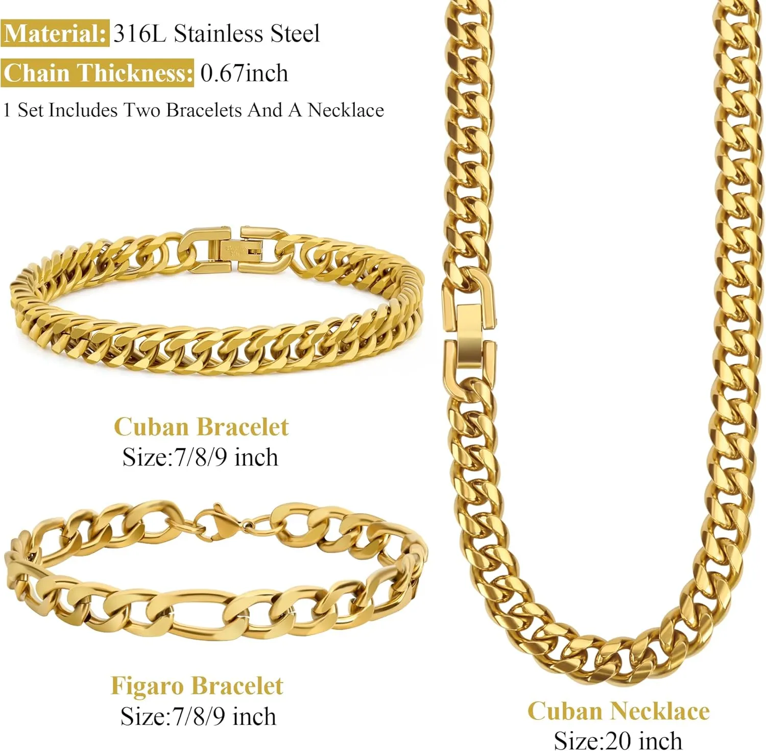 3PCS Cuban Link Figaro Bracelet Necklace, Silver Gold Black Sturdy 316L Stainless Steel Cuban Link Figaro Chain for Men Jewelry Set with Gift Message Card 8mm, 7/8/9 Inches