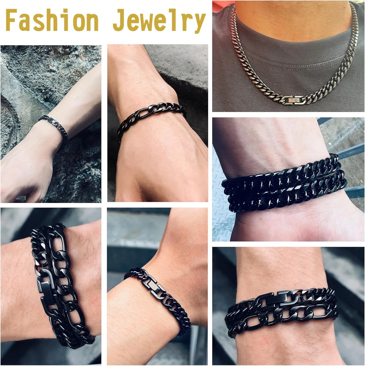 3PCS Cuban Link Figaro Bracelet Necklace, Silver Gold Black Sturdy 316L Stainless Steel Cuban Link Figaro Chain for Men Jewelry Set with Gift Message Card 8mm, 7/8/9 Inches