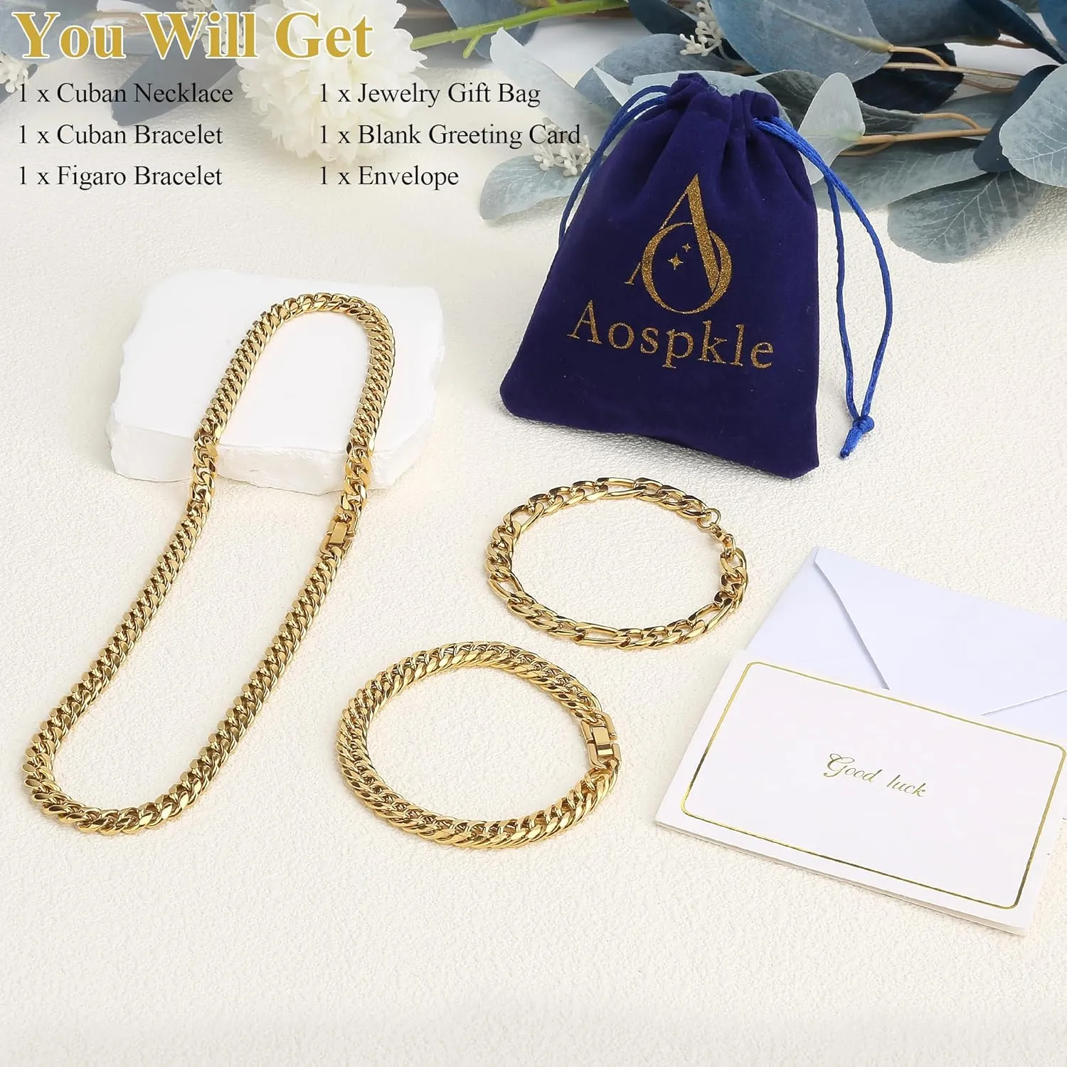 3PCS Cuban Link Figaro Bracelet Necklace, Silver Gold Black Sturdy 316L Stainless Steel Cuban Link Figaro Chain for Men Jewelry Set with Gift Message Card 8mm, 7/8/9 Inches