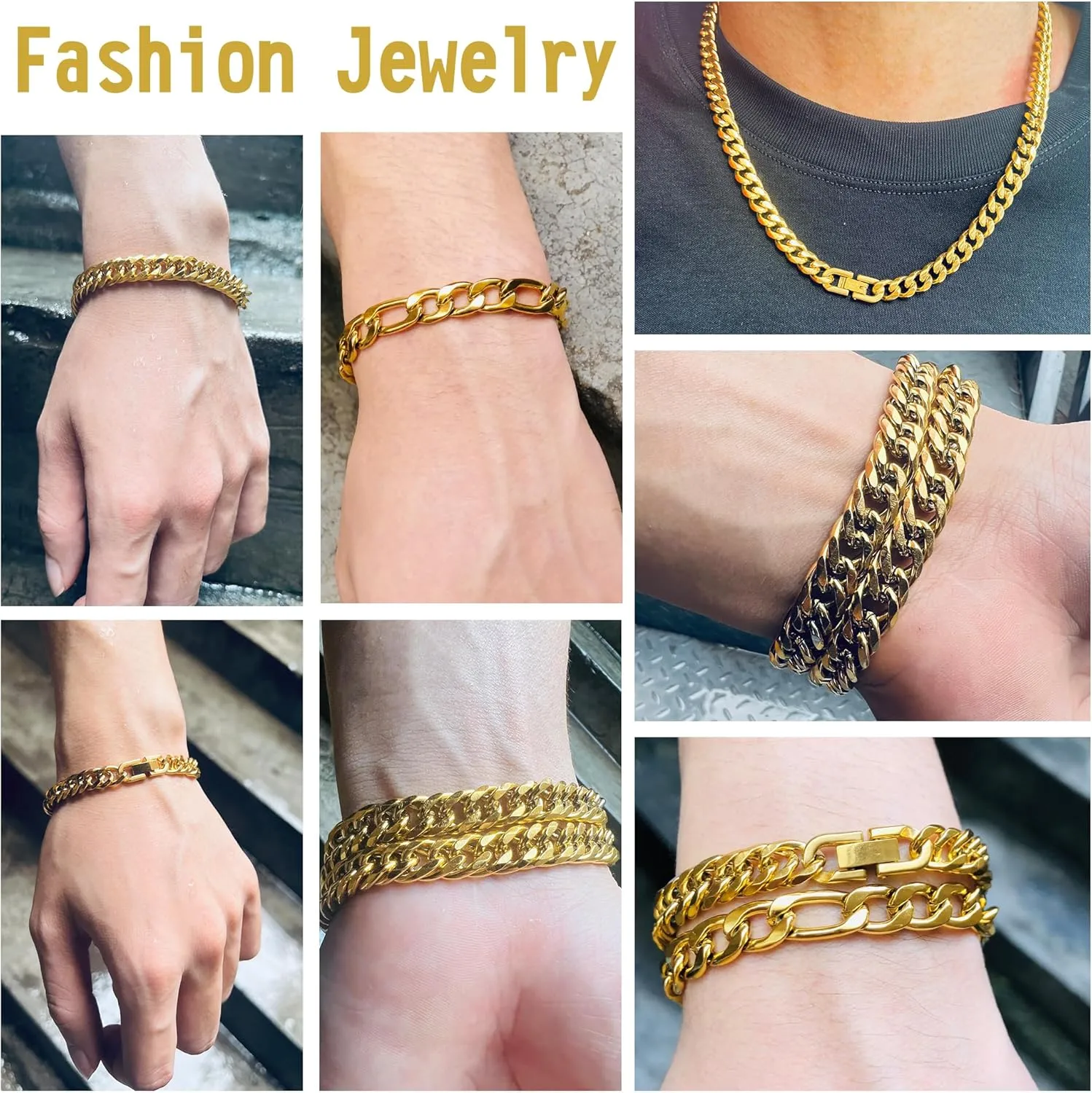 3PCS Cuban Link Figaro Bracelet Necklace, Silver Gold Black Sturdy 316L Stainless Steel Cuban Link Figaro Chain for Men Jewelry Set with Gift Message Card 8mm, 7/8/9 Inches