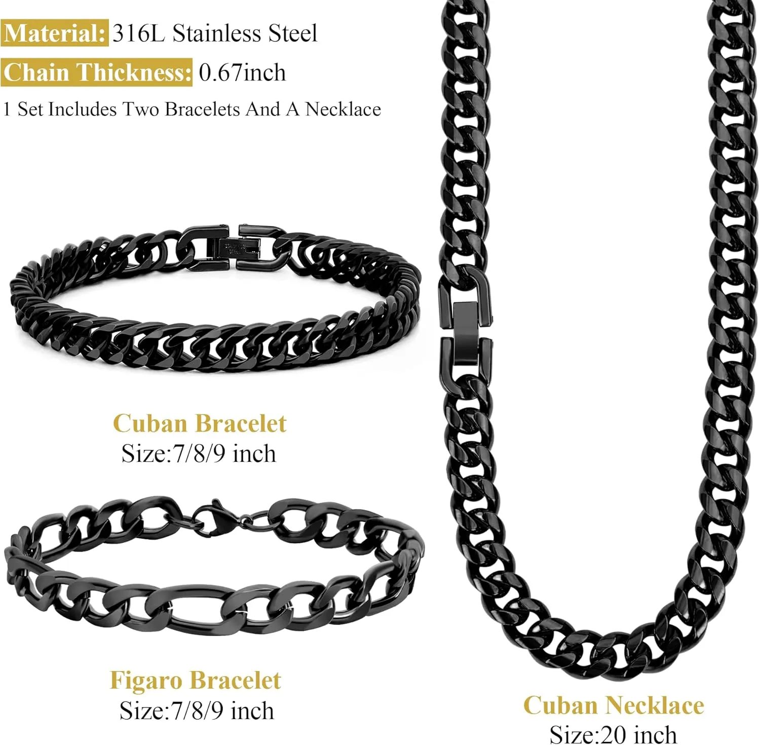 3PCS Cuban Link Figaro Bracelet Necklace, Silver Gold Black Sturdy 316L Stainless Steel Cuban Link Figaro Chain for Men Jewelry Set with Gift Message Card 8mm, 7/8/9 Inches