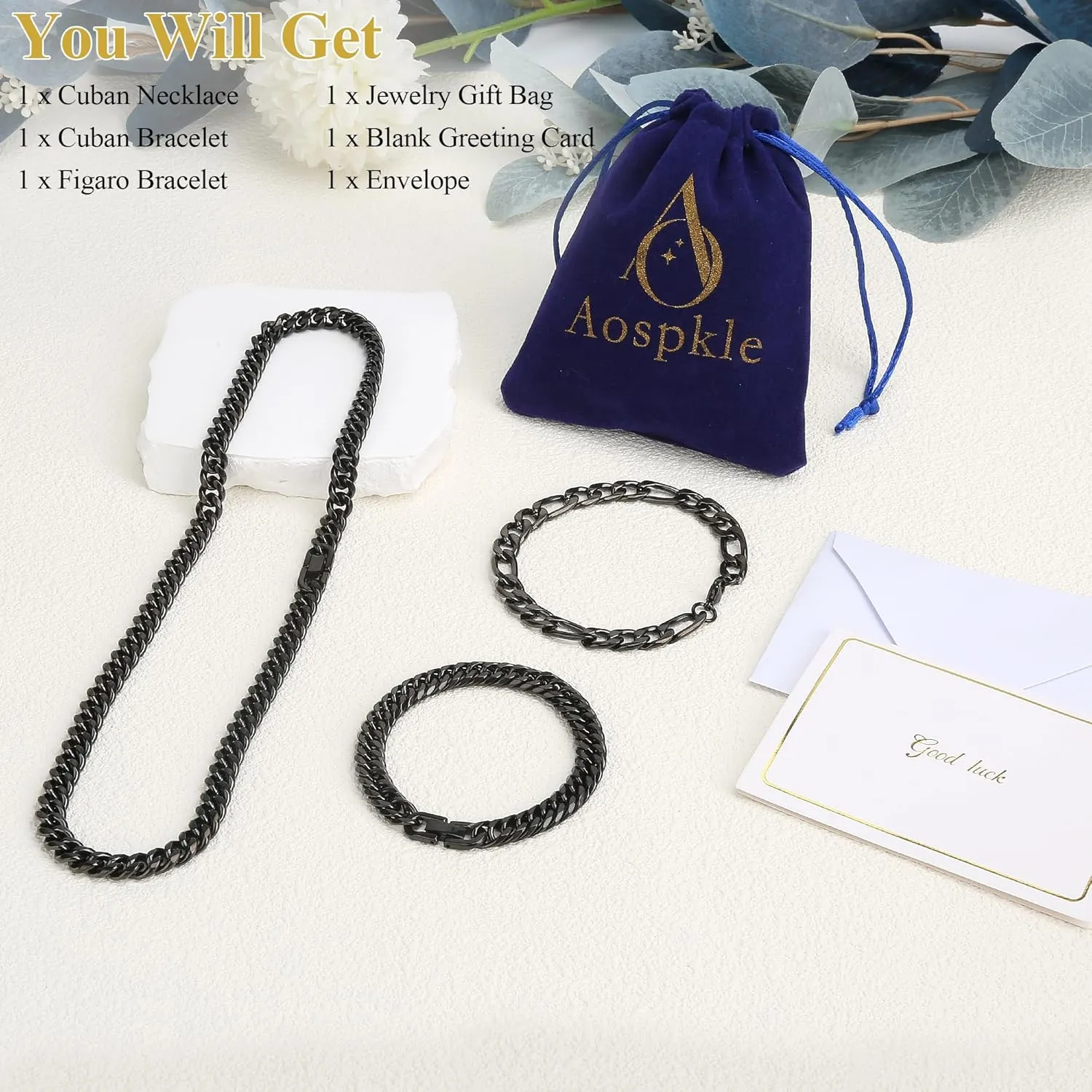 3PCS Cuban Link Figaro Bracelet Necklace, Silver Gold Black Sturdy 316L Stainless Steel Cuban Link Figaro Chain for Men Jewelry Set with Gift Message Card 8mm, 7/8/9 Inches
