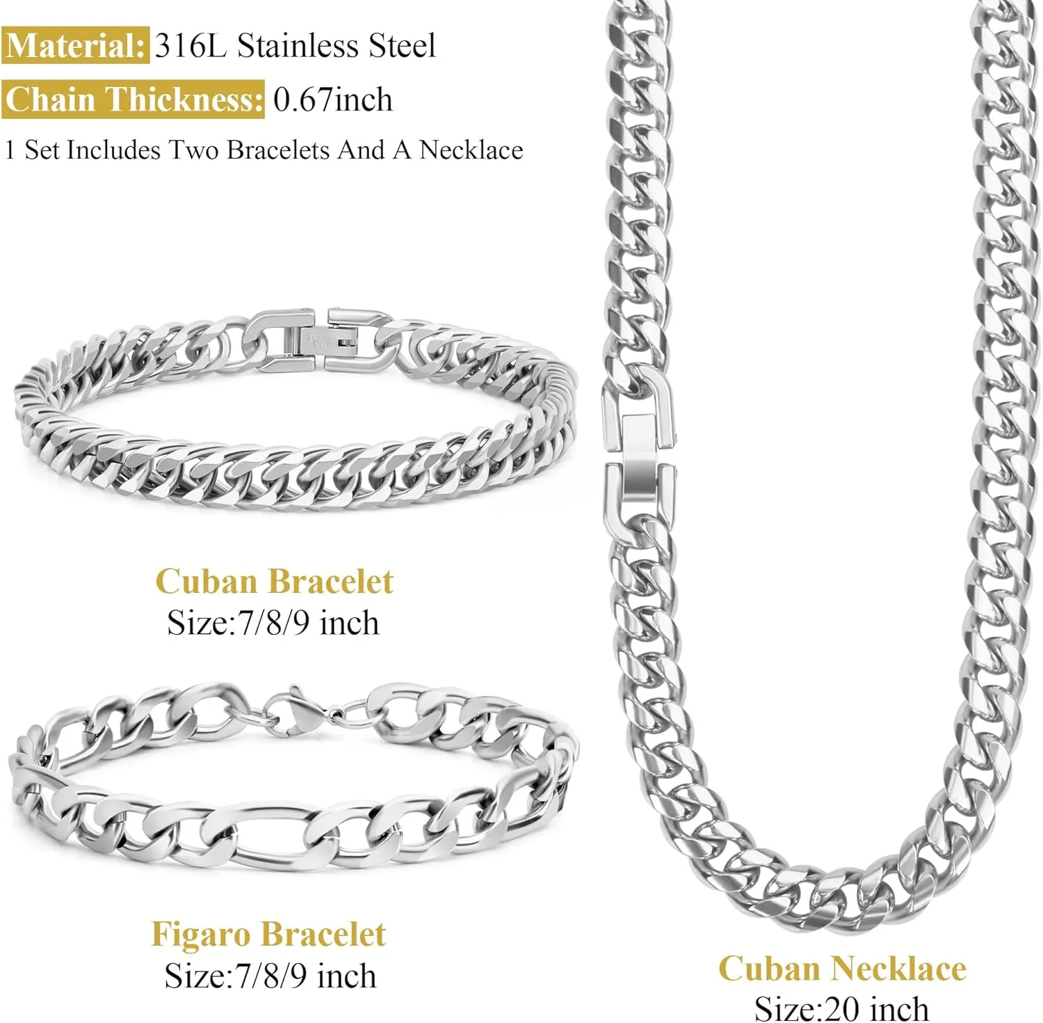 3PCS Cuban Link Figaro Bracelet Necklace, Silver Gold Black Sturdy 316L Stainless Steel Cuban Link Figaro Chain for Men Jewelry Set with Gift Message Card 8mm, 7/8/9 Inches