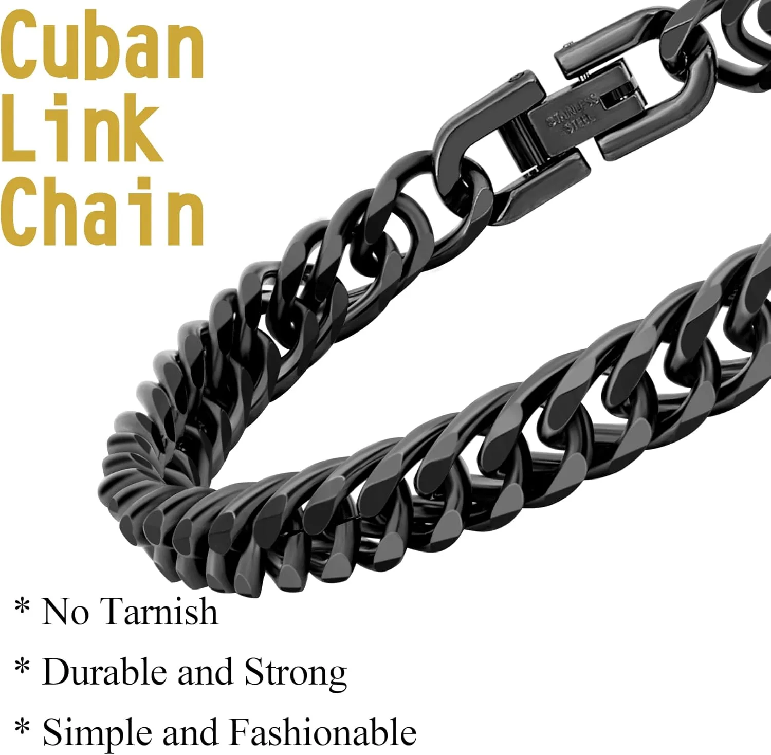 3PCS Cuban Link Figaro Bracelet Necklace, Silver Gold Black Sturdy 316L Stainless Steel Cuban Link Figaro Chain for Men Jewelry Set with Gift Message Card 8mm, 7/8/9 Inches