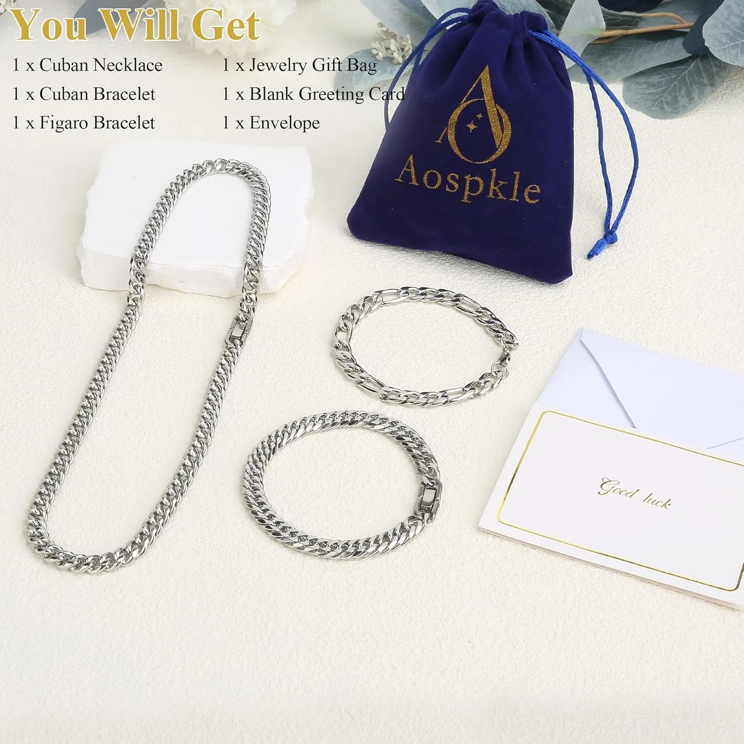 3PCS Cuban Link Figaro Bracelet Necklace, Silver Gold Black Sturdy 316L Stainless Steel Cuban Link Figaro Chain for Men Jewelry Set with Gift Message Card 8mm, 7/8/9 Inches