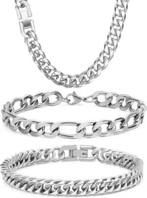 3PCS Cuban Link Figaro Bracelet Necklace, Silver Gold Black Sturdy 316L Stainless Steel Cuban Link Figaro Chain for Men Jewelry Set with Gift Message Card 8mm, 7/8/9 Inches