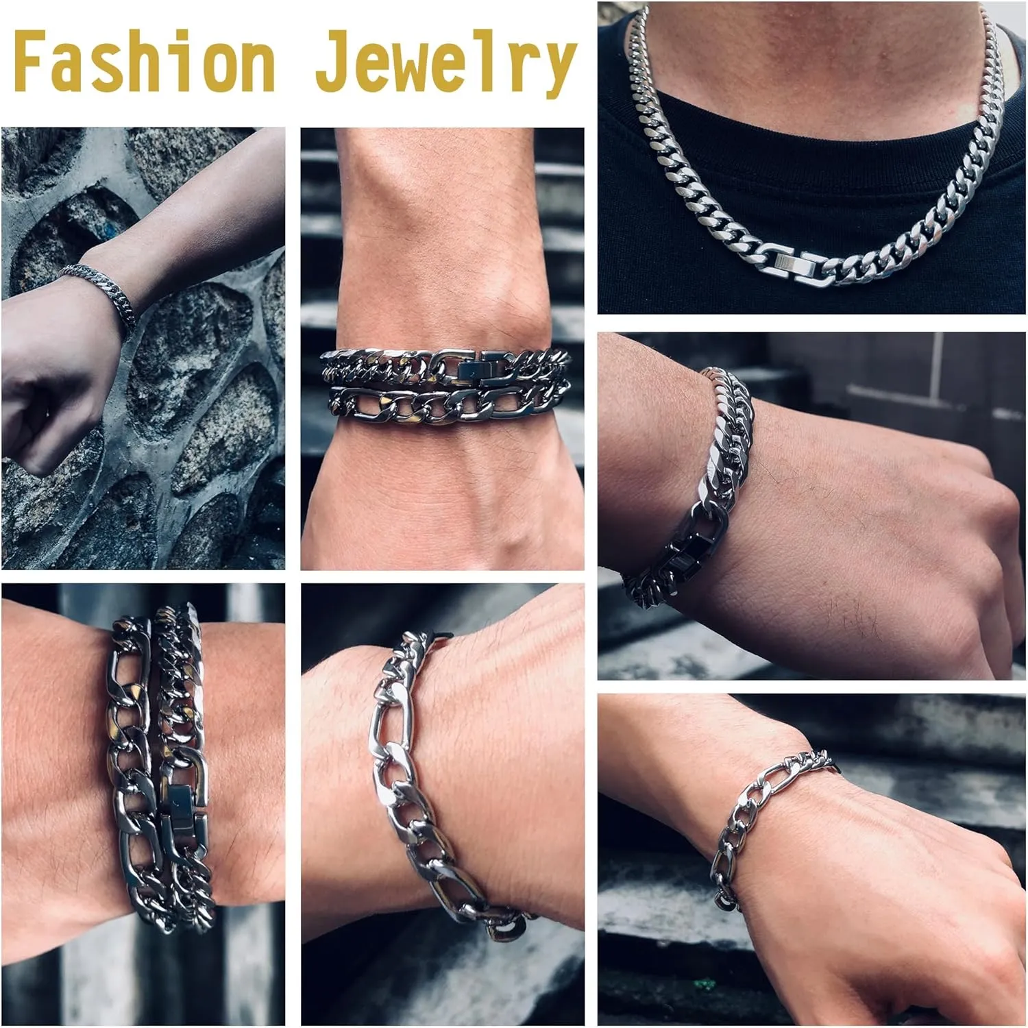 3PCS Cuban Link Figaro Bracelet Necklace, Silver Gold Black Sturdy 316L Stainless Steel Cuban Link Figaro Chain for Men Jewelry Set with Gift Message Card 8mm, 7/8/9 Inches