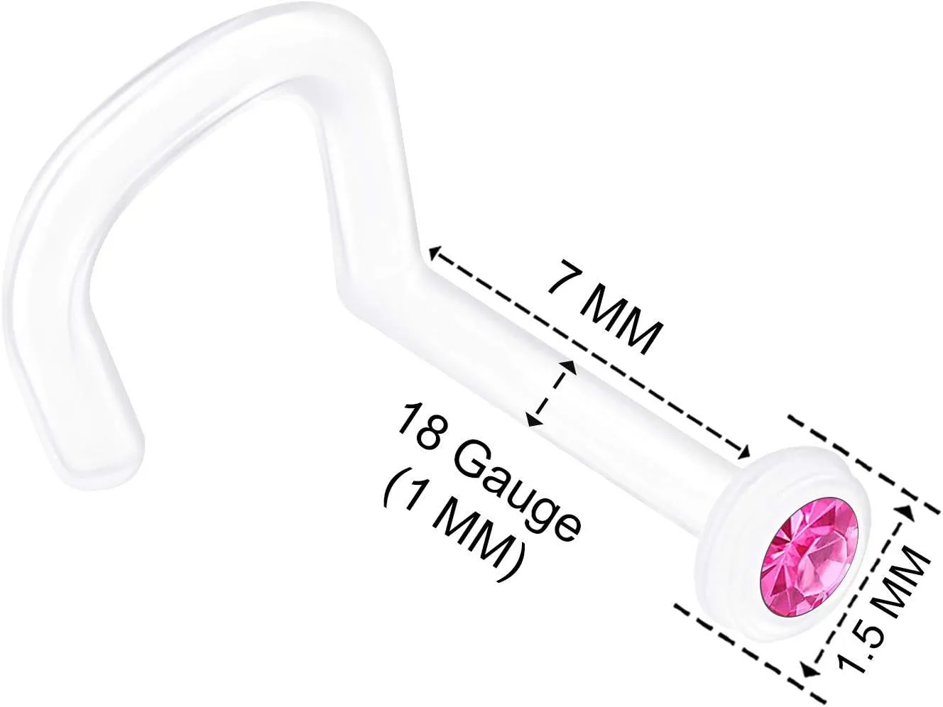3PCS Flexible Acrylic Nose Screw 18 Gauge 7mm Clear Aurora Borealis Crystal Nostril Stud Ring Piercing - See More Colors