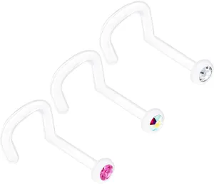 3PCS Flexible Acrylic Nose Screw 18 Gauge 7mm Clear Aurora Borealis Crystal Nostril Stud Ring Piercing - See More Colors