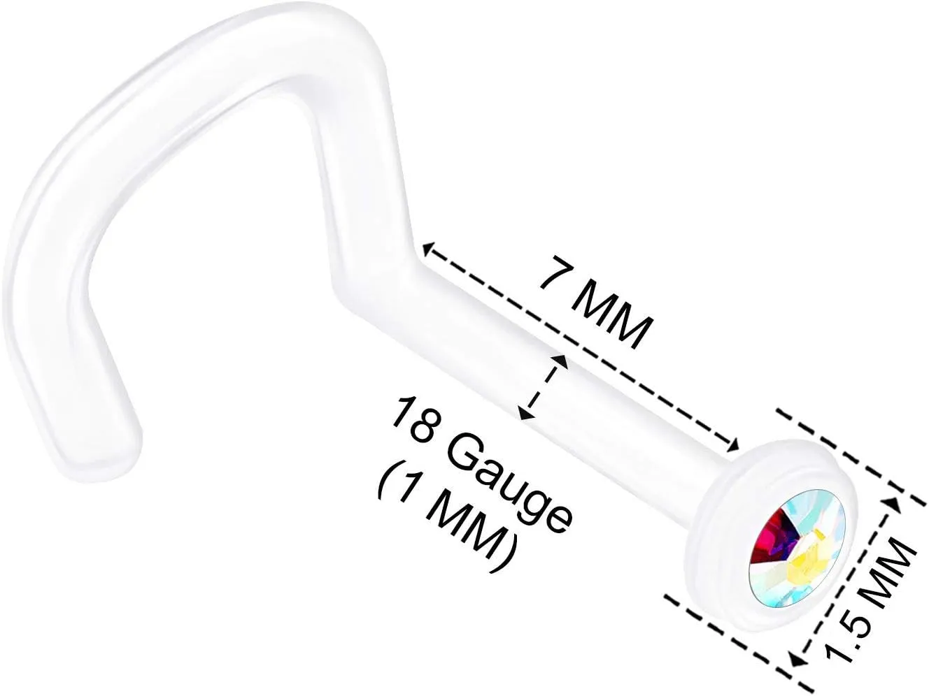 3PCS Flexible Acrylic Nose Screw 18 Gauge 7mm Clear Aurora Borealis Crystal Nostril Stud Ring Piercing - See More Colors