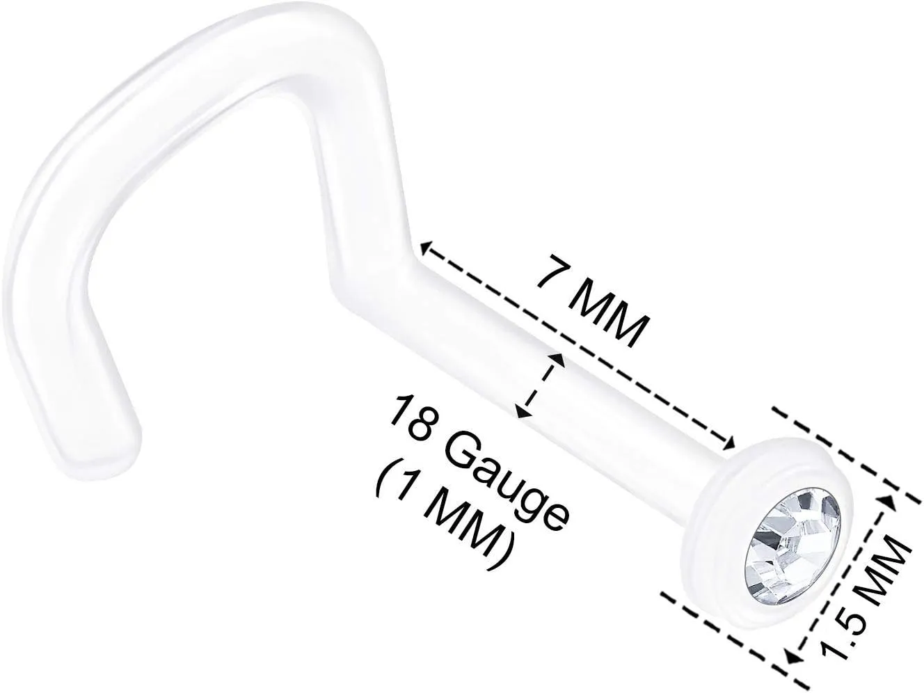 3PCS Flexible Acrylic Nose Screw 18 Gauge 7mm Clear Aurora Borealis Crystal Nostril Stud Ring Piercing - See More Colors