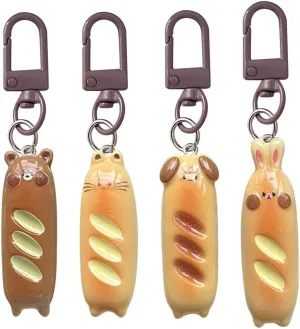 4Pcs French Bread Cute Keychain Key Rings for Backpack Purse - Cat, Rabbit, Dog, Bear Resin Creative Pendant Charms - Kawaii Accessories for Women