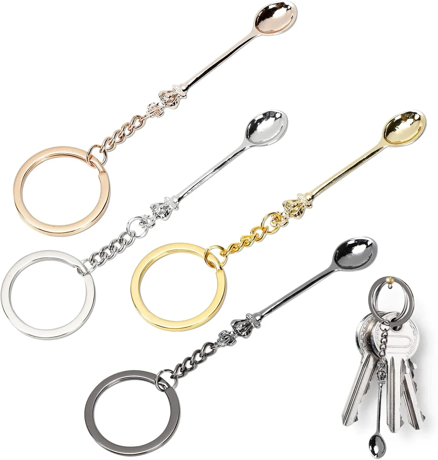 4PCS Mini Crown Spoon Keychain Pendant Necklace, Mini Spoon Teaspoon with King Queen Crown Pendant Key Ring for Filling Vials with Salts, Sand, Glitter (4 Color)