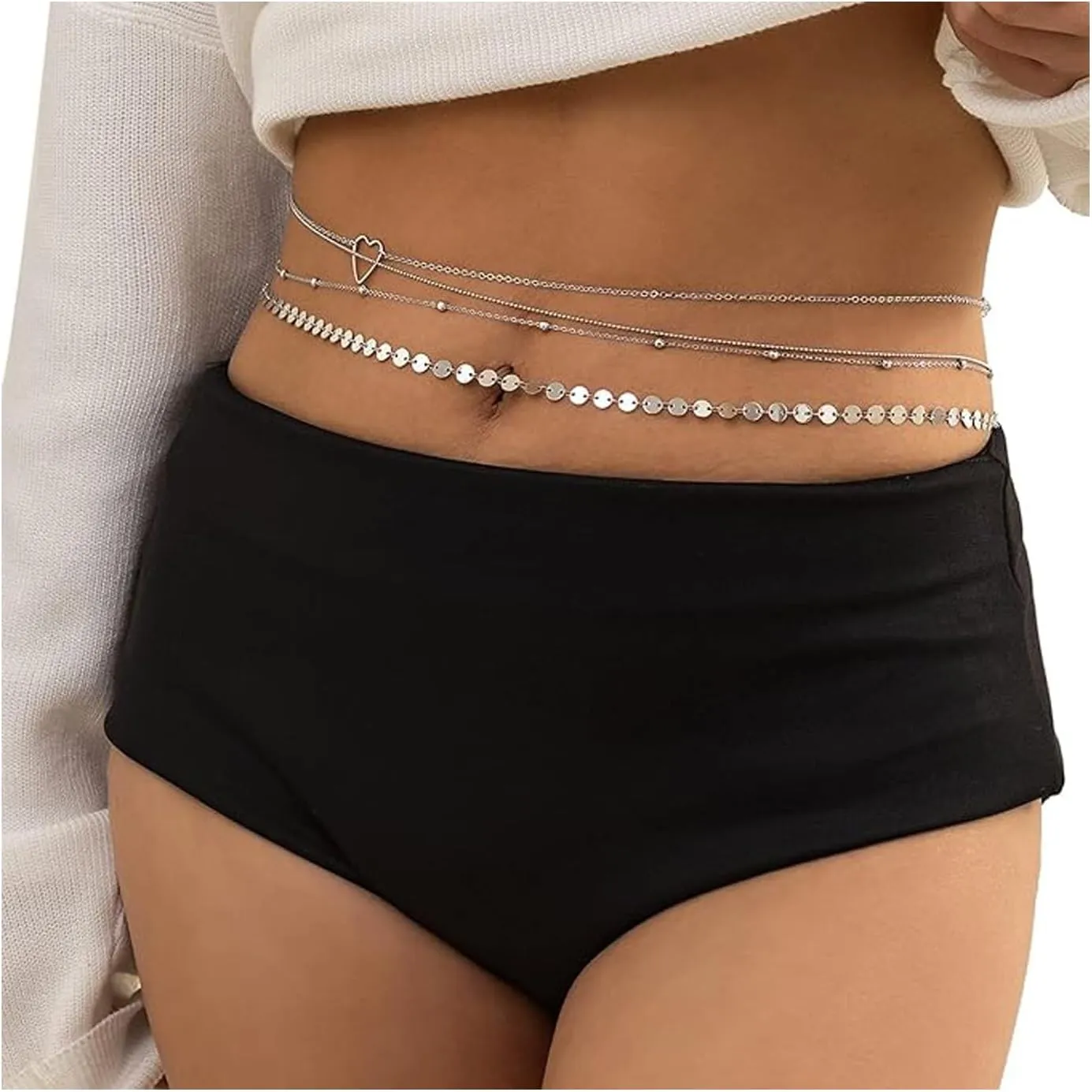 4Pcs Rhinestone Heart Waist Chain Belt Jewelry Summer Beach Multi-Layered Copper Sequins Tassel Waist Belly Chain Sexy Bikini Crystal Bead Dancer Belly Body Chains Jewelry for Women