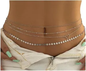 4Pcs Rhinestone Heart Waist Chain Belt Jewelry Summer Beach Multi-Layered Copper Sequins Tassel Waist Belly Chain Sexy Bikini Crystal Bead Dancer Belly Body Chains Jewelry for Women