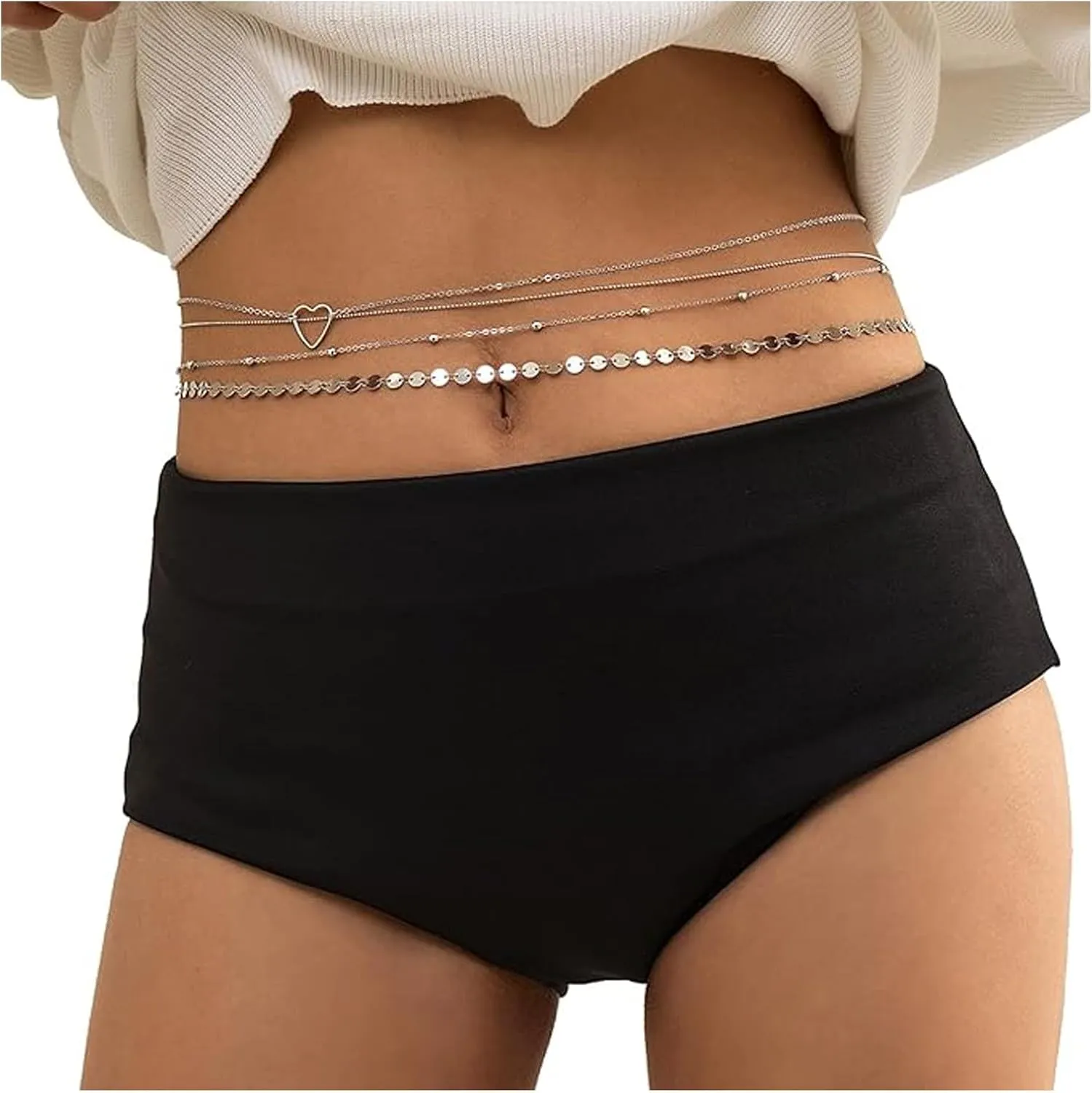 4Pcs Rhinestone Heart Waist Chain Belt Jewelry Summer Beach Multi-Layered Copper Sequins Tassel Waist Belly Chain Sexy Bikini Crystal Bead Dancer Belly Body Chains Jewelry for Women