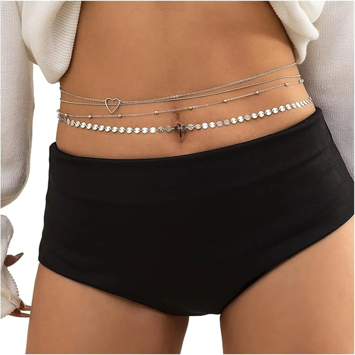 4Pcs Rhinestone Heart Waist Chain Belt Jewelry Summer Beach Multi-Layered Copper Sequins Tassel Waist Belly Chain Sexy Bikini Crystal Bead Dancer Belly Body Chains Jewelry for Women