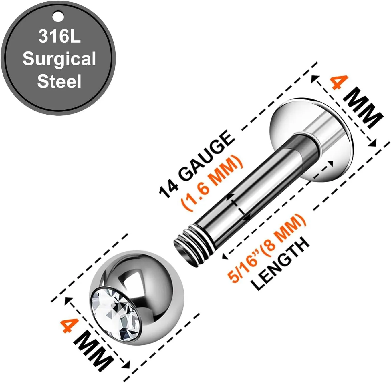4PCS Surgical Steel Labret 14g 4mm Crystal Ball Monroe Tragus Vertical Labret Earrings Piercing Jewelry Pick Size and Color