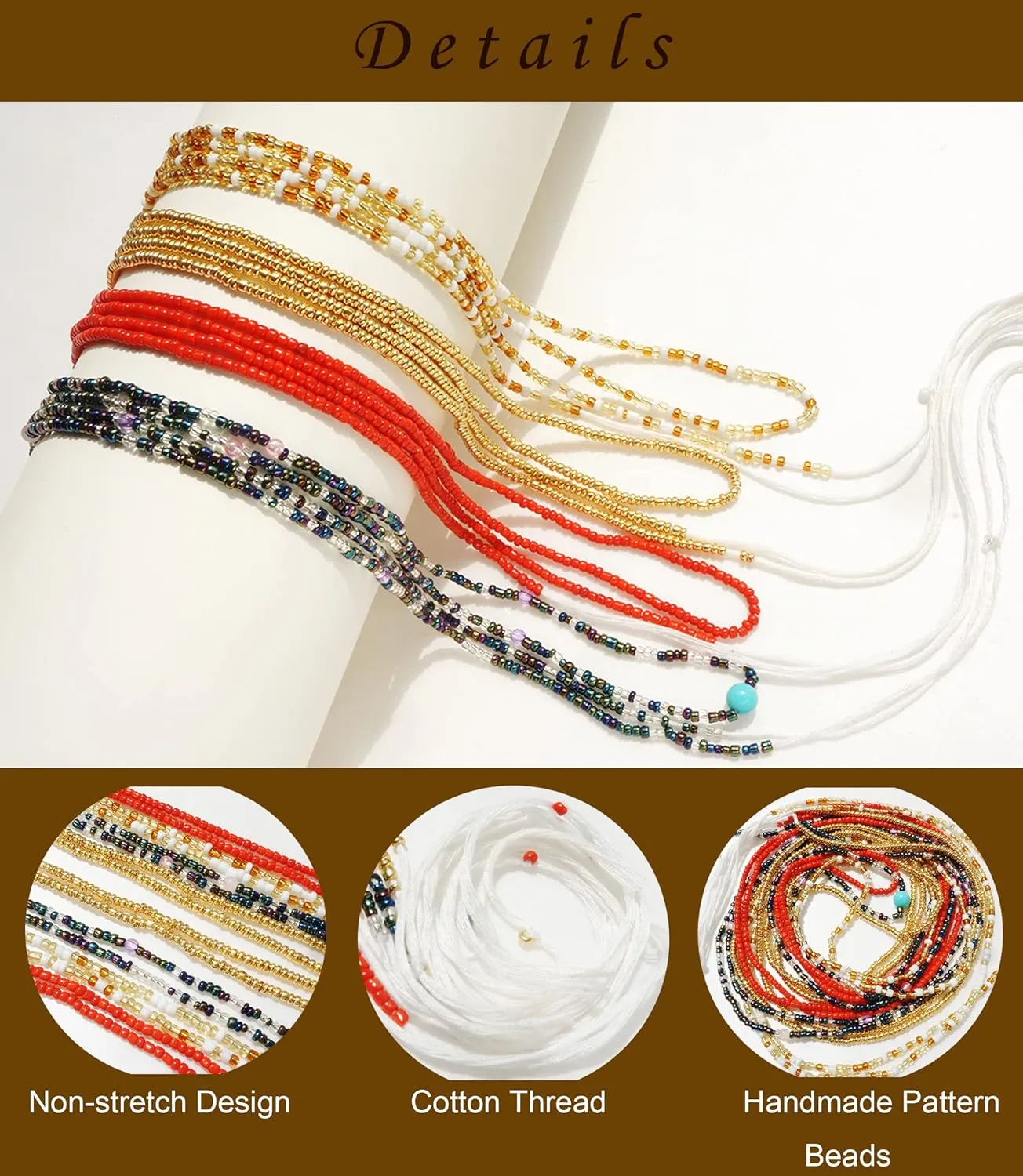 50 Inch Waist Beads for Women African Waist Beads Plus Size Layered Colorful Belly Beads Body Jewelry Non-Stretching Belly Chains4PCS