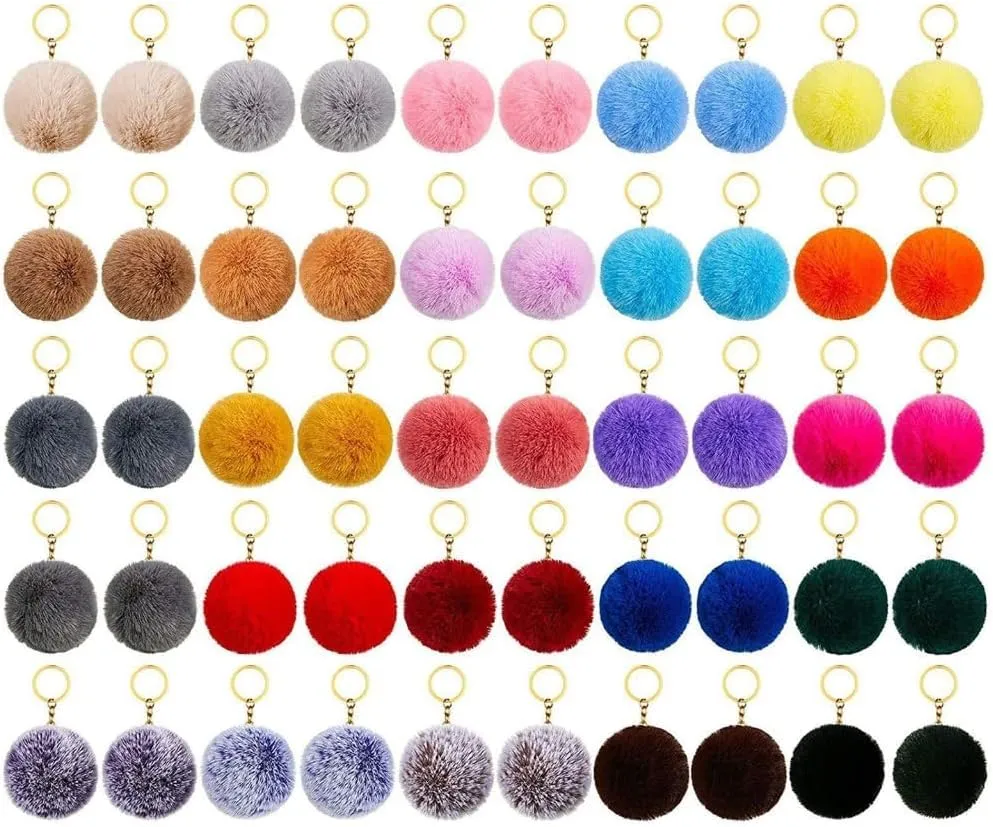 50PC Colorful Pom Poms Keychains Fluffy Puff Ball Keyrings for Girls Women Pendant Accessories(25 colors)