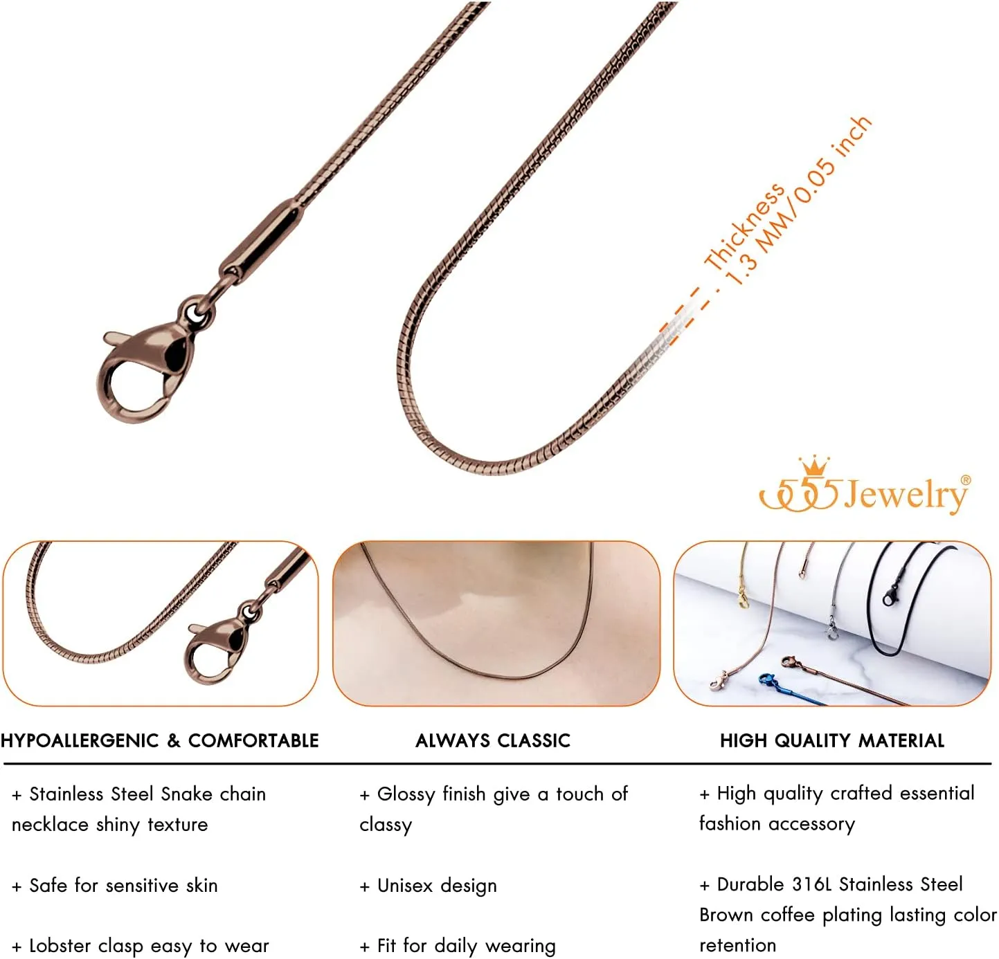 555Jewelry 1.2mm Stainless Steel Snake Chain Necklace for Men & Women, 16-28 Inch
