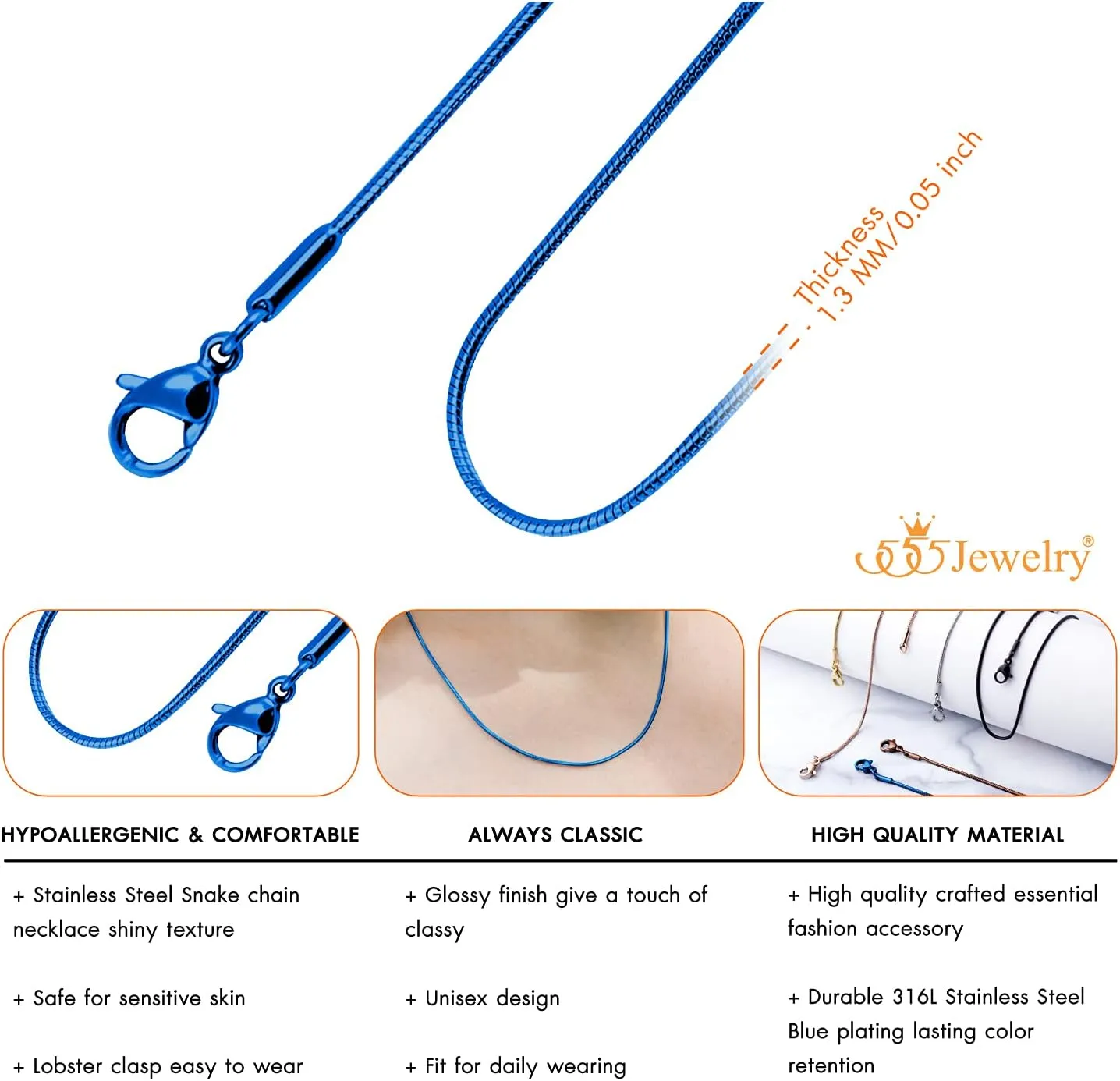 555Jewelry 1.2mm Stainless Steel Snake Chain Necklace for Men & Women, 16-28 Inch