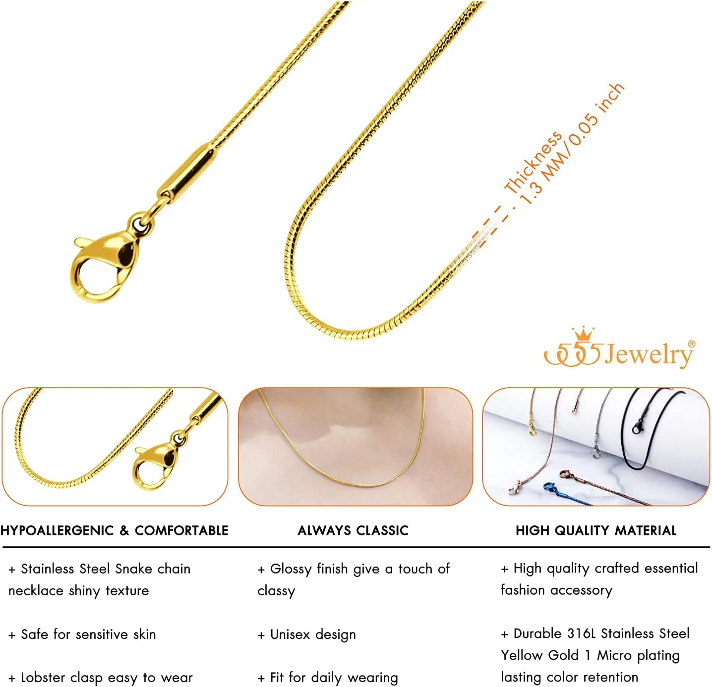 555Jewelry 1.2mm Stainless Steel Snake Chain Necklace for Men & Women, 16-28 Inch