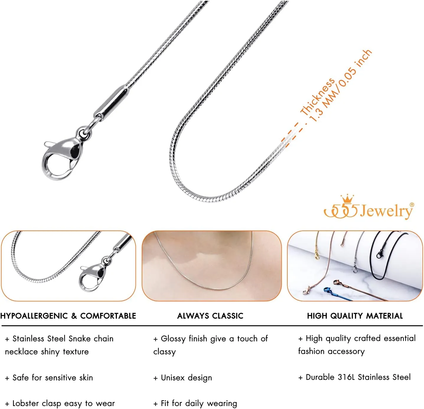 555Jewelry 1.2mm Stainless Steel Snake Chain Necklace for Men & Women, 16-28 Inch