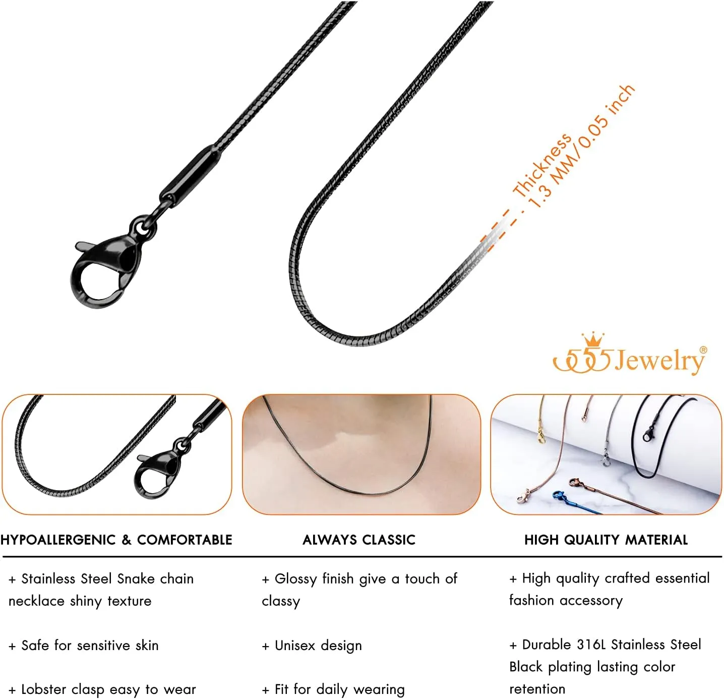 555Jewelry 1.2mm Stainless Steel Snake Chain Necklace for Men & Women, 16-28 Inch