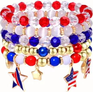 5Pcs American Flag Beaded Bracelets 4th of July Bracelet for Women Stackable Patriotic Red White Blue Stars Charm Stretch Bracelet Independence Day Memorial Day Party Jewelry Gifts