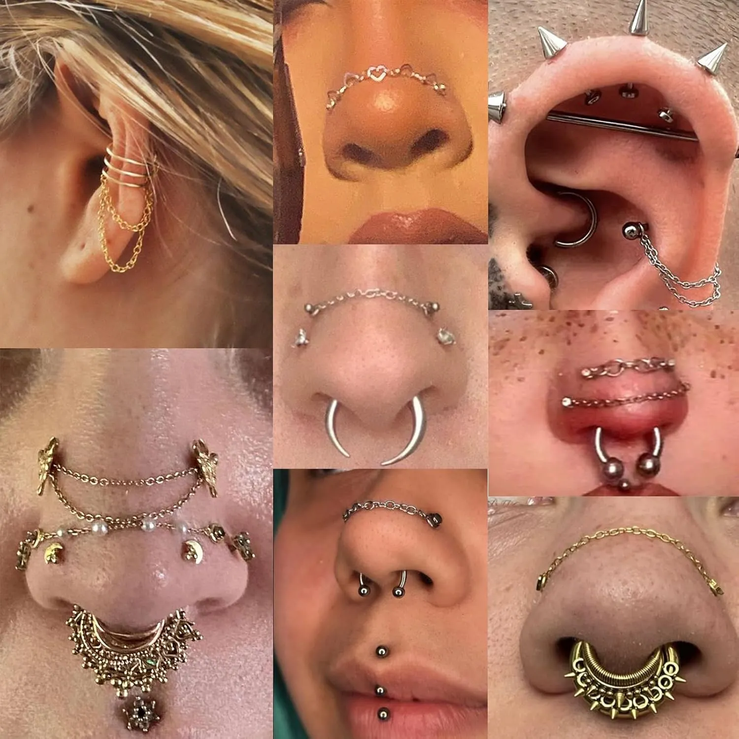 5PCS Nose Chain Surgical Steel Across Top Nose Piercing Jewelry - Double Nostril Bridge Jewelry for Women & Men, Black, Gold, Silver