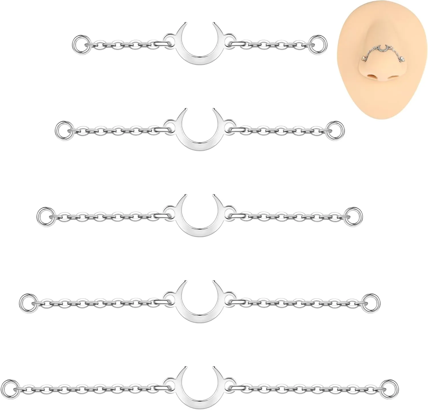 5PCS Nose Chain Surgical Steel Across Top Nose Piercing Jewelry - Double Nostril Bridge Jewelry for Women & Men, Black, Gold, Silver