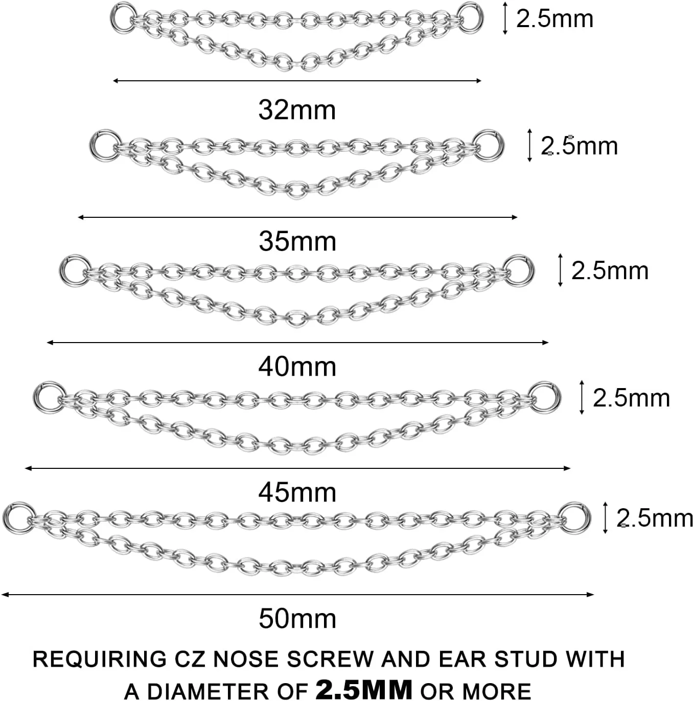 5PCS Nose Chain Surgical Steel Across Top Nose Piercing Jewelry - Double Nostril Bridge Jewelry for Women & Men, Black, Gold, Silver