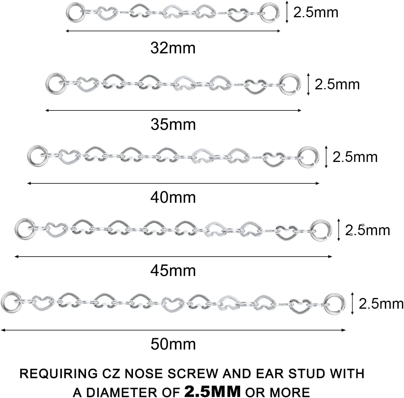 5PCS Nose Chain Surgical Steel Across Top Nose Piercing Jewelry - Double Nostril Bridge Jewelry for Women & Men, Black, Gold, Silver