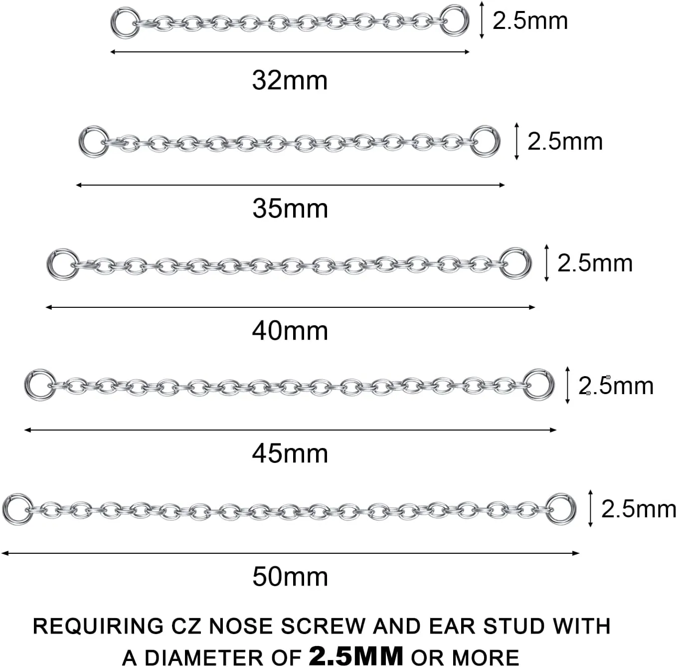 5PCS Nose Chain Surgical Steel Across Top Nose Piercing Jewelry - Double Nostril Bridge Jewelry for Women & Men, Black, Gold, Silver
