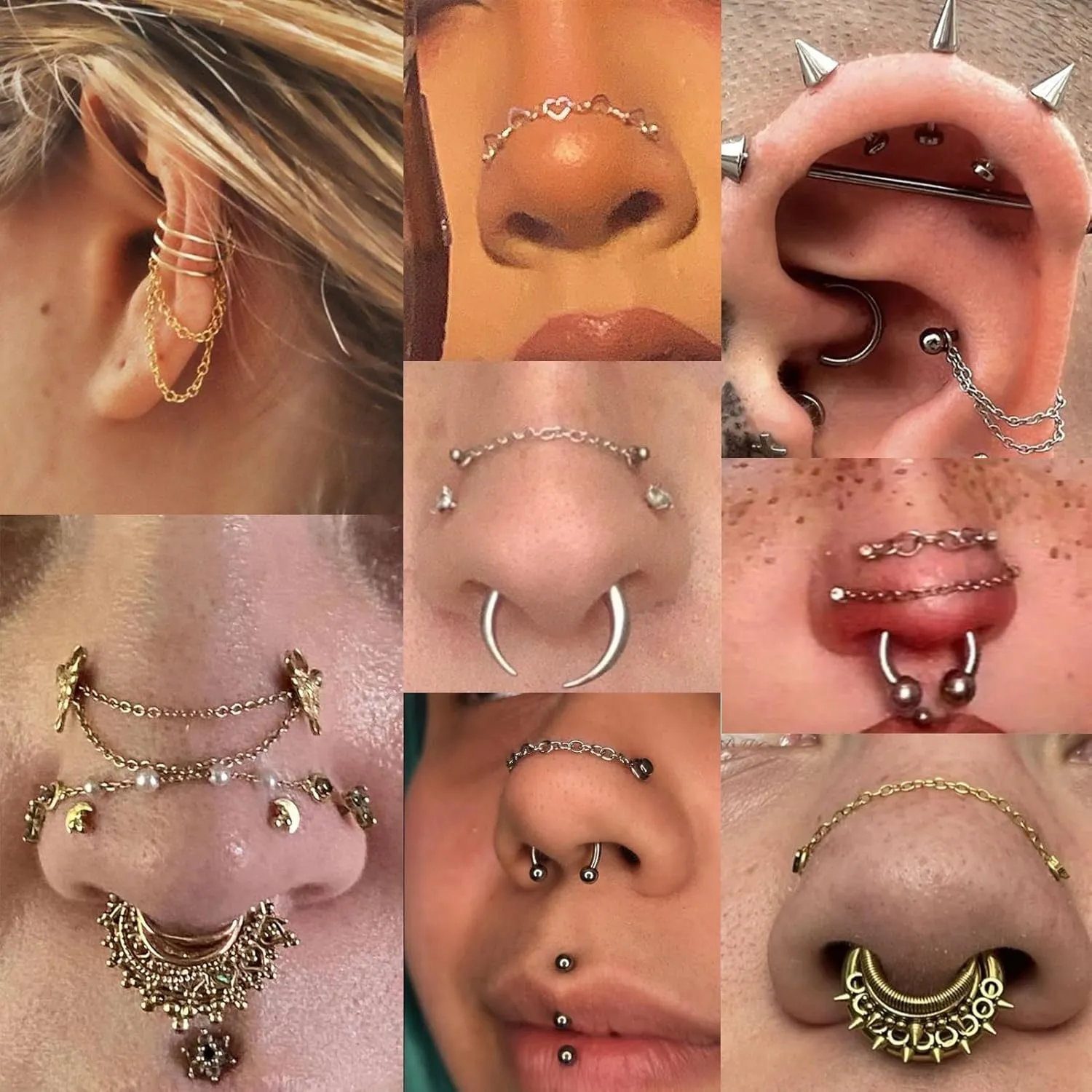 5PCS Nose Chain Surgical Steel Across Top Nose Piercing Jewelry - Double Nostril Bridge Jewelry for Women & Men, Black, Gold, Silver