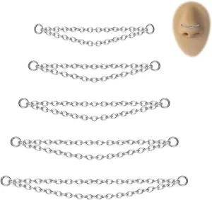 5PCS Nose Chain Surgical Steel Across Top Nose Piercing Jewelry - Double Nostril Bridge Jewelry for Women & Men, Black, Gold, Silver