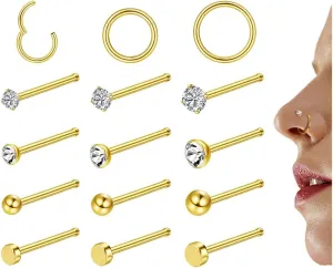 6-15Pcs 20G Nose Studs 18G Nose Rings Hoop for Women Men 316L Stainless Steel Clicker Hinged Nose Rings Hoop Straight L Shaped Nose Studs Nose Piercing Jewelry Silver Gold (Gold-CZ-Straight)