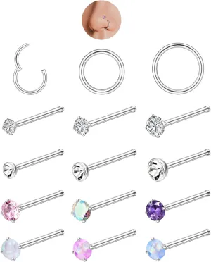 6-15Pcs 20G Nose Studs 18G Nose Rings Hoop for Women Men 316L Stainless Steel Clicker Hinged Nose Rings Hoop Straight L Shaped Nose Studs Nose Piercing Jewelry Silver Gold (Silver-Opal-Straight)