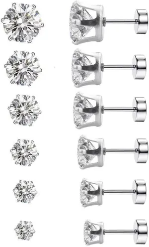 6 Pairs Earring Studs square Round Cubic Zirconia Earring Studs Set Big Clear CZ Studs Earrings for Women Girl Hypoallergenic 316L Stainless Steel 3-8mm Beautiful Different size Top