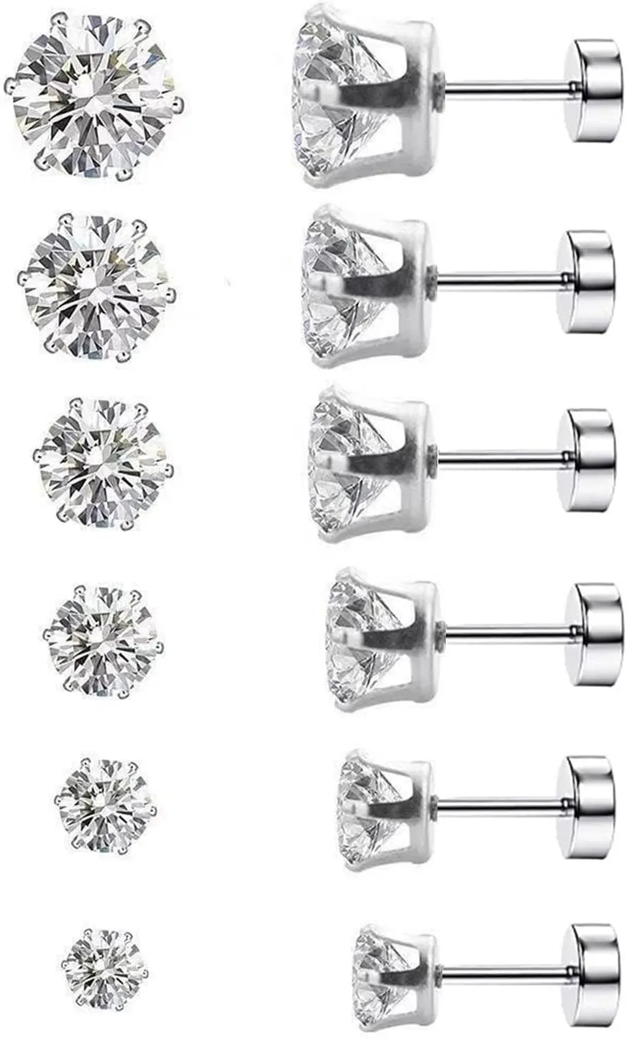6 Pairs Earring Studs square Round Cubic Zirconia Earring Studs Set Big Clear CZ Studs Earrings for Women Girl Hypoallergenic 316L Stainless Steel 3-8mm Beautiful Different size Top