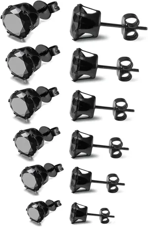 6 Pairs Earring Studs square Round Cubic Zirconia Earring Studs Set Big Clear CZ Studs Earrings for Women Girl Hypoallergenic 316L Stainless Steel 3-8mm Beautiful Different size Top
