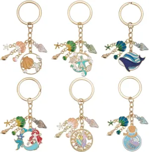 6Pcs 6 Styles Ocean Themed Keychains Sea Shell Keychain Summer Large Alloy Enamel Beach Mermaid Whale Jellyfish Coral Sparkling Charm Key Ring Starfish Keychains for Women Handbags Backpack
