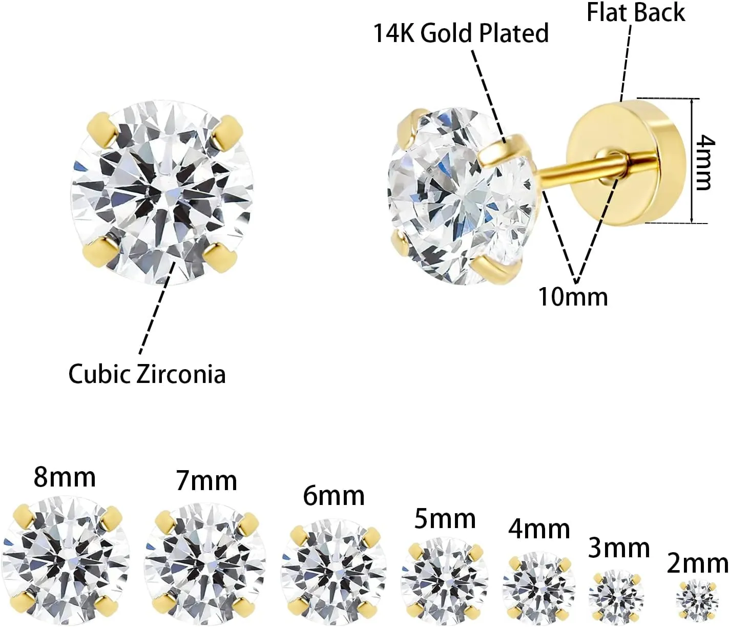 7 Pairs Flat Back Stud Earrings Set for Women, Hypoallergenic Surgical Steel Cubic Zirconia Earrings Studs for Lobe Cartilage Helix (2-8MM)