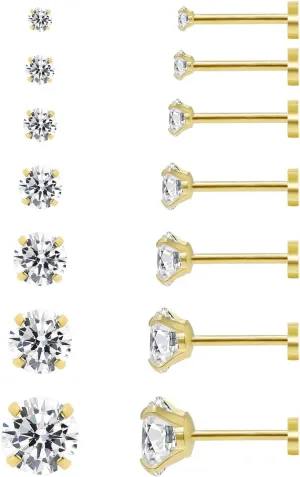7 Pairs Flat Back Stud Earrings Set for Women, Hypoallergenic Surgical Steel Cubic Zirconia Earrings Studs for Lobe Cartilage Helix (2-8MM)