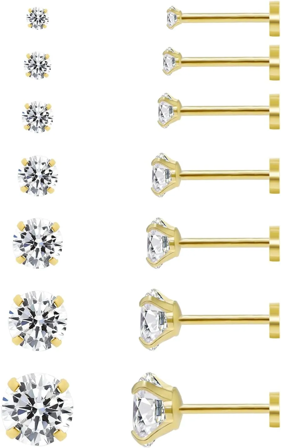 7 Pairs Flat Back Stud Earrings Set for Women, Hypoallergenic Surgical Steel Cubic Zirconia Earrings Studs for Lobe Cartilage Helix (2-8MM)